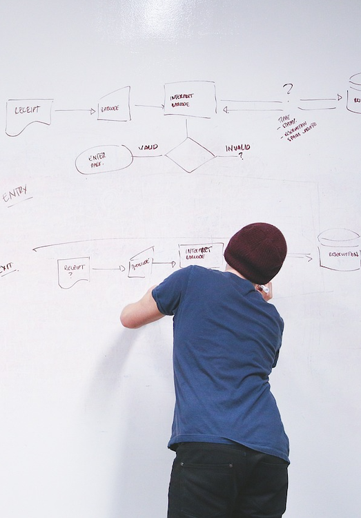 Whiteboard Man drafting flow chart on whiteboard